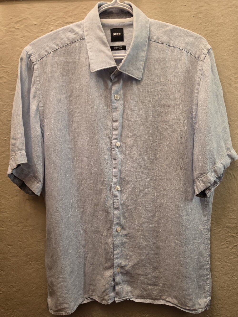 BOSS Hugo Boss 100% Pure Linen Blue Short Sleeve Shirt Regular Fit M